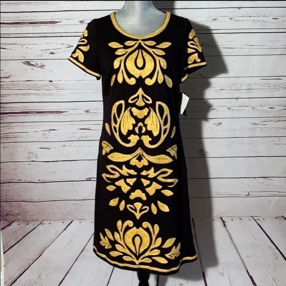 INC; Black Pullover Dress with Yellow Embroidered Design, Sz L
